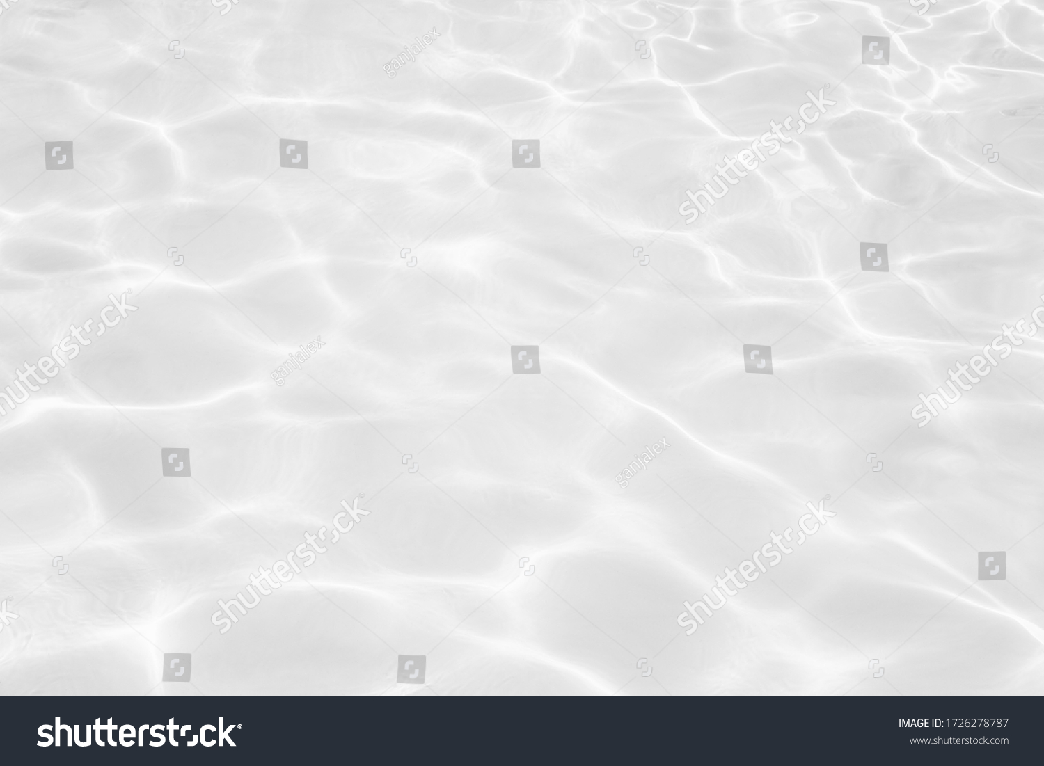 Closeup of desaturated transparent clear calm water surface texture with splashes and bubbles. Trendy abstract nature background.  #1726278787
