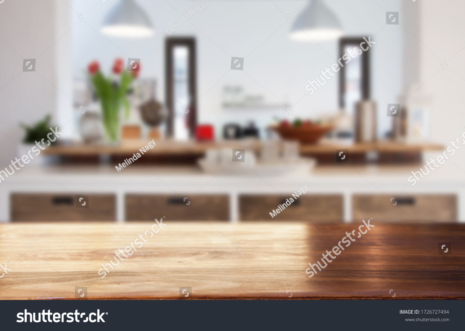 blurred kitchen interior  and desk space home background #1726727494