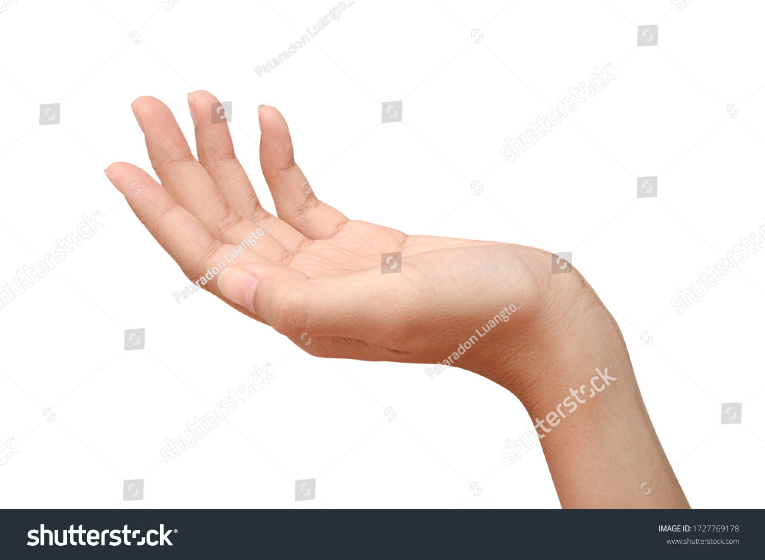 Hand open and ready to help or receive. Gesture isolated on white background with clipping path. Helping hand outstretched for salvation. #1727769178