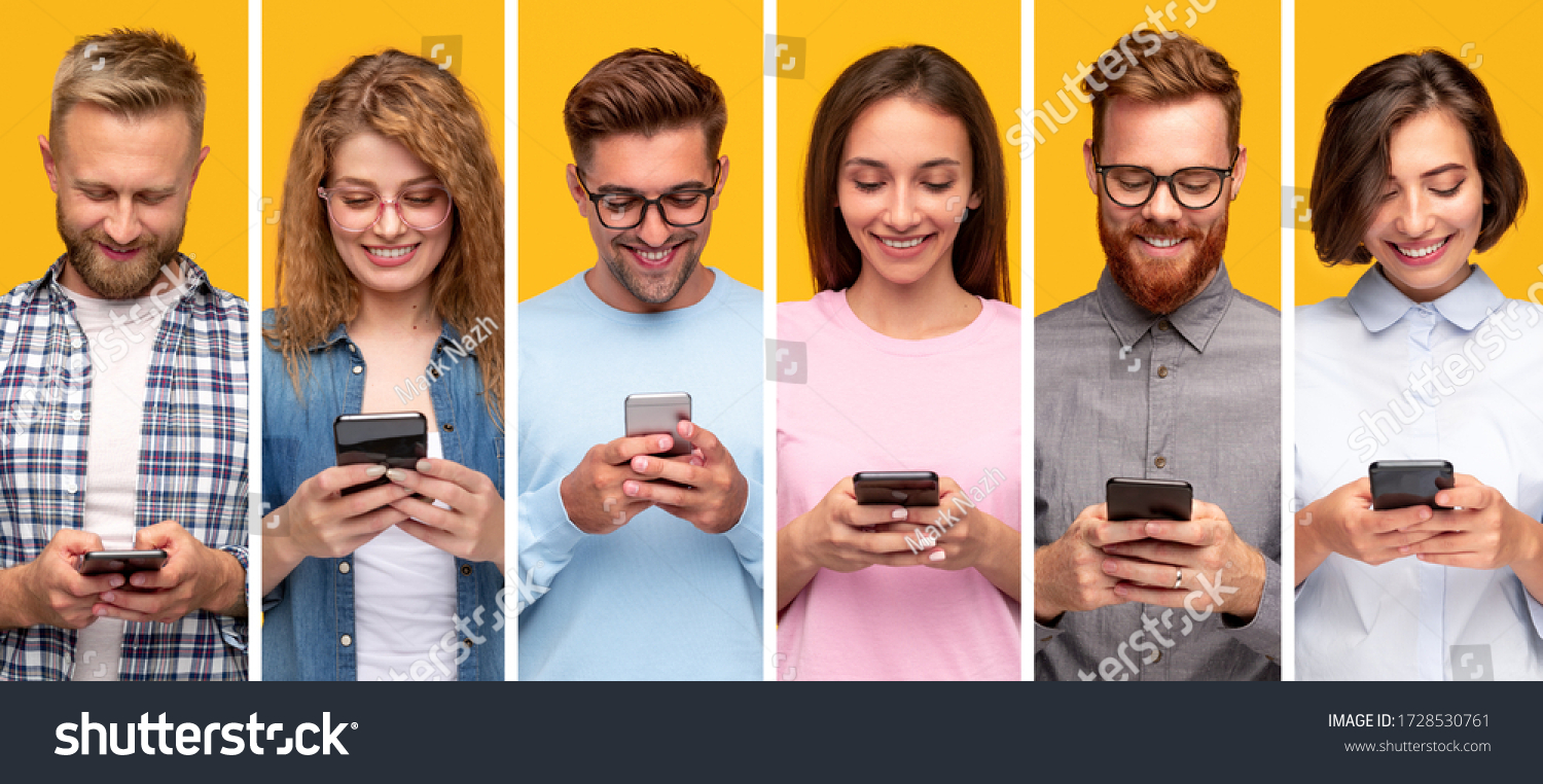 Collage of modern diverse men and women texting messages on smartphones and cheerfully smiling against yellow background #1728530761