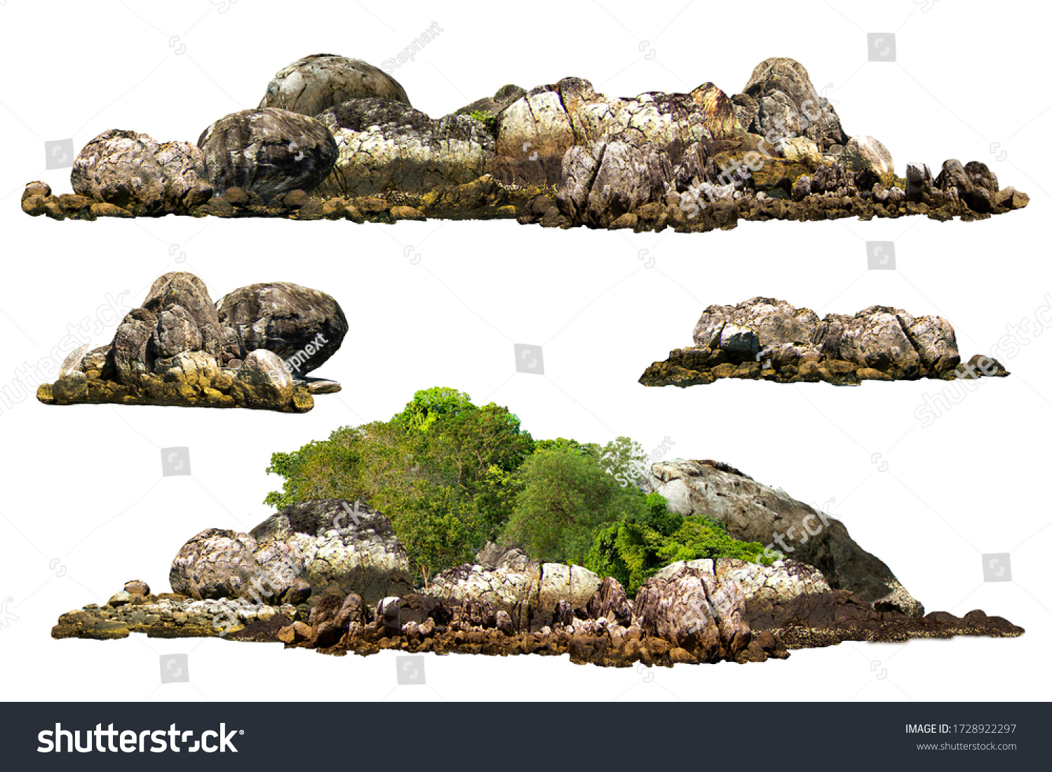 The trees. Mountain on the island and rocks.Isolated on White background.Used in the design of advertising media, architecture #1728922297