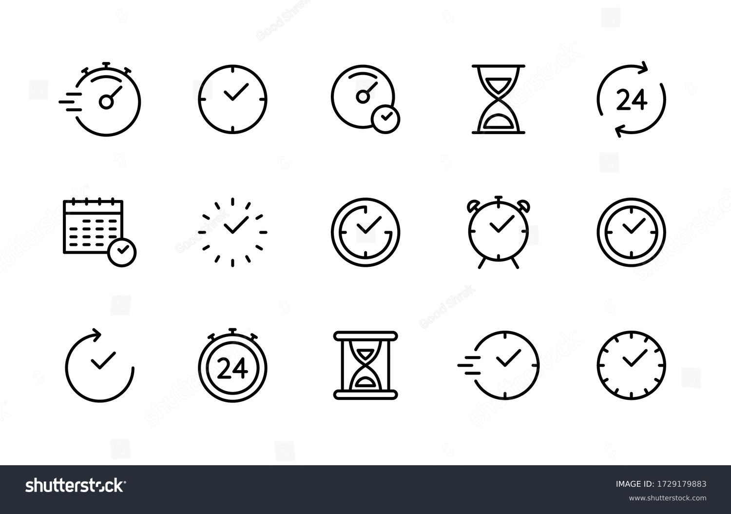 Time and clock vector linear icons set. Time management. Timer, speed, alarm, recovery, time management, calendar and more. Isolated collection of time for web sites icon on white background. #1729179883