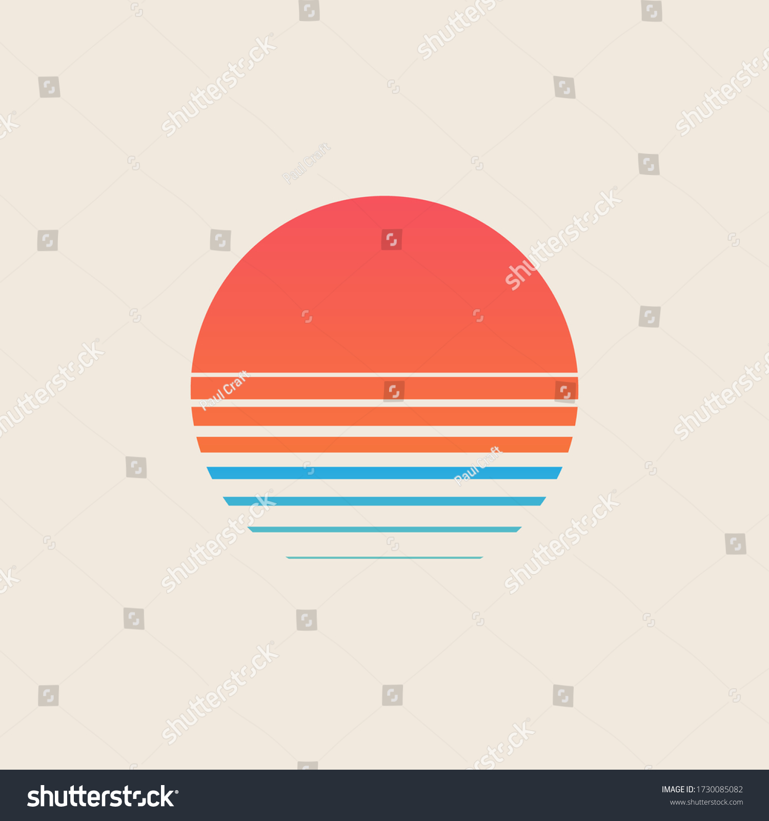 Retro sunset above the sea or ocean with sun and water silhouette. Vintage styled summer logo or icon design isolated on white background. Vector illustration. #1730085082