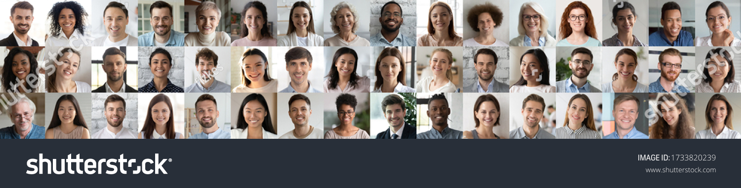 Many smiling multiethnic people faces headshots collage mosaic. Lot of young and old adult diverse ethnicity professional people group looking at camera. Horizontal banner for website header design #1733820239