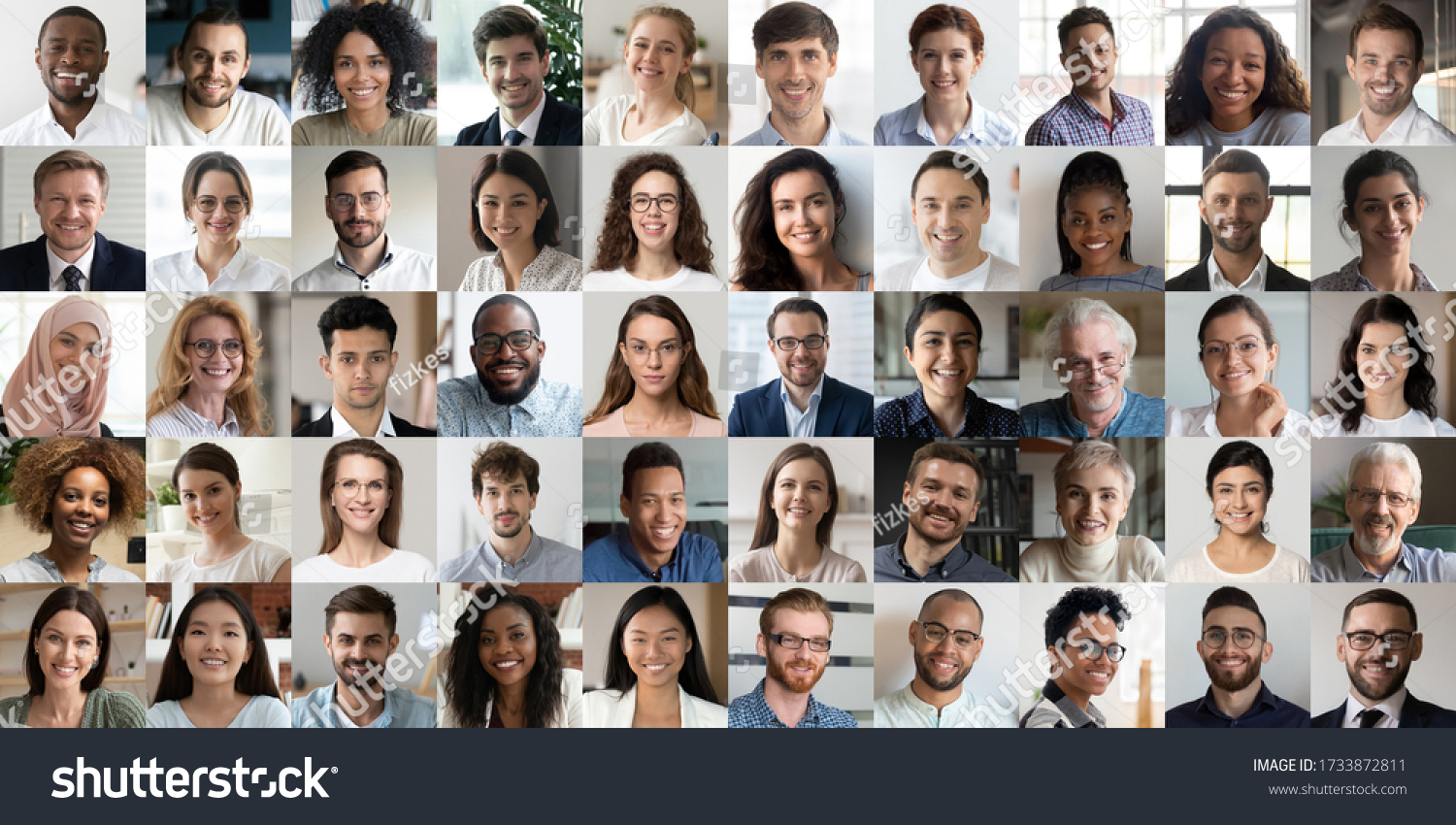Many happy diverse ethnicity different young and old people group headshots in collage mosaic collection. Lot of smiling multicultural faces looking at camera. Human resource society database concept. #1733872811