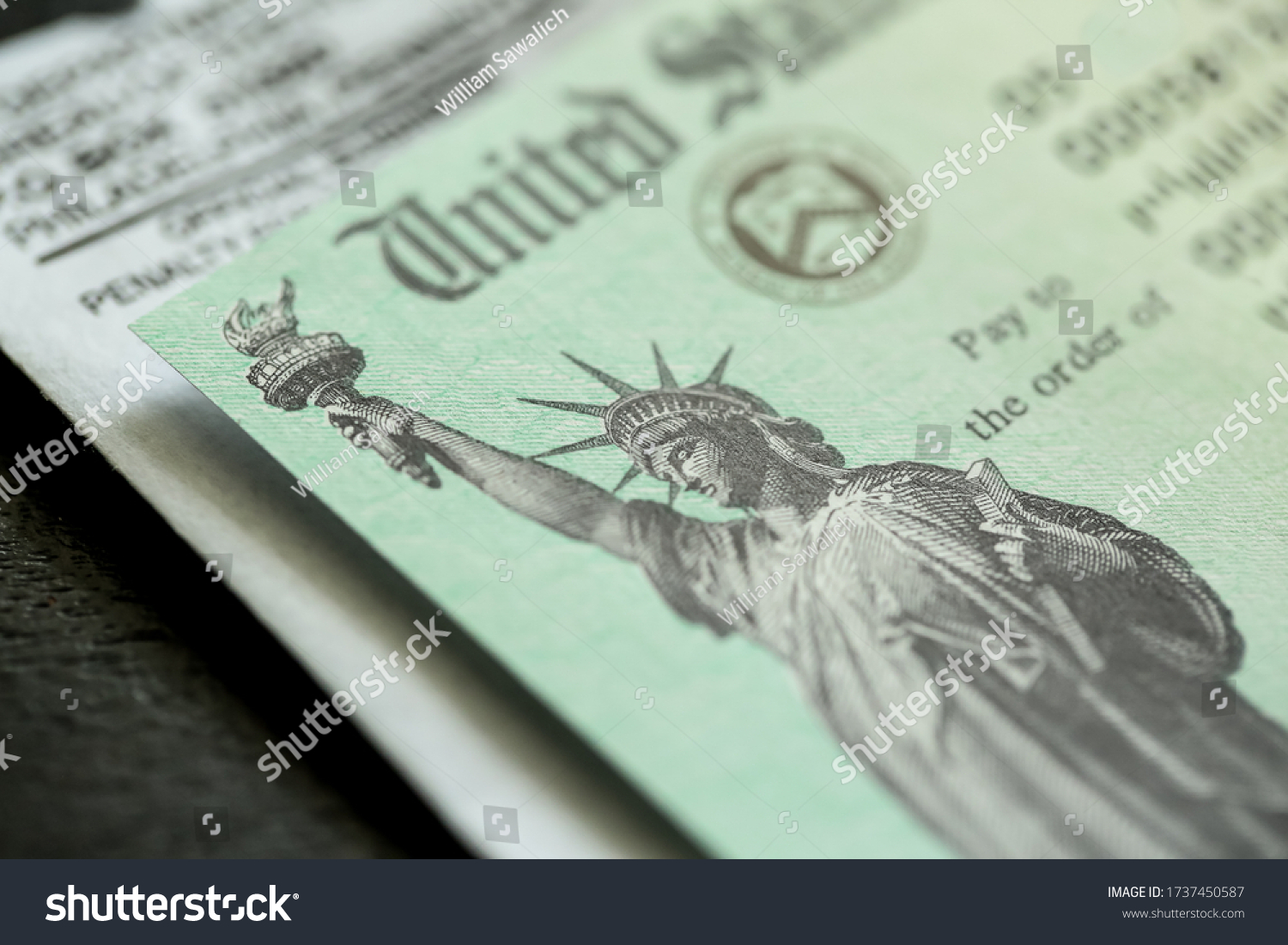 Extreme close-up of Federal coronavirus stimulus check provided to all Americans from the United States Treasury in 2020 and 2021, showing the statue of liberty.  #1737450587