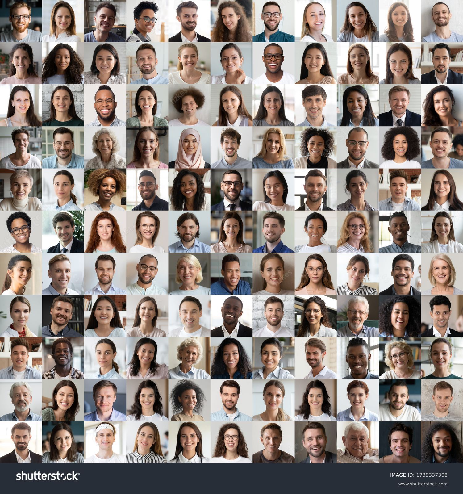 Lot of happy multiracial people looking at camera in square collage mosaic. Many smiling multiethnic faces of young and old diverse ethnic business people group headshots. Hr, staff, society concept. #1739337308