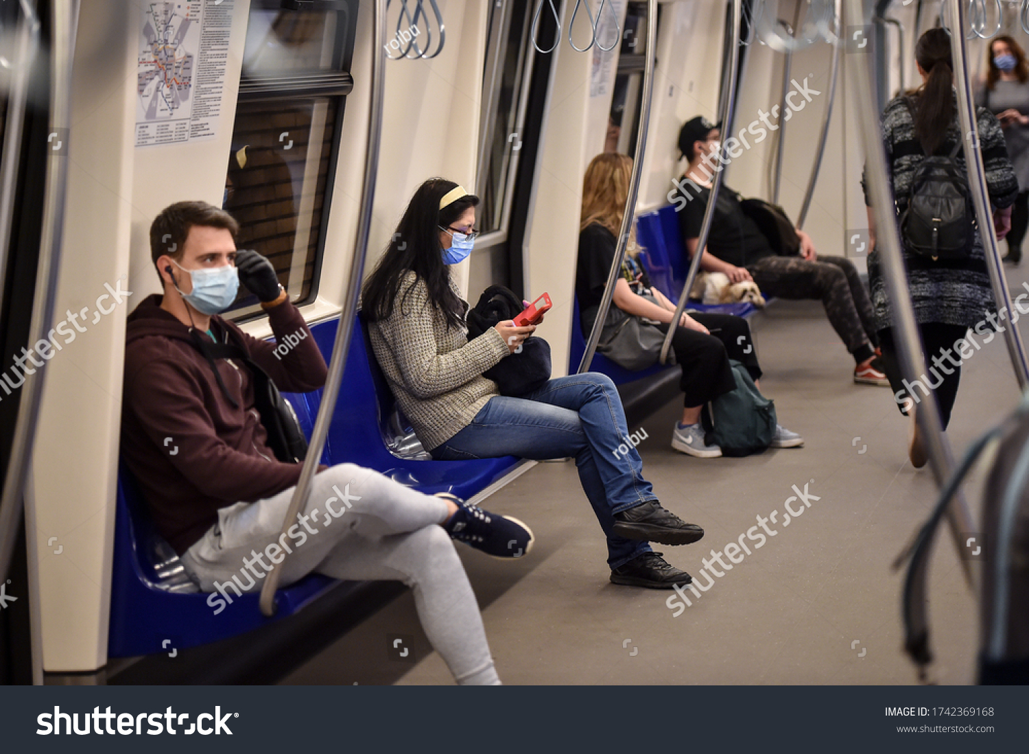 BUCHAREST, ROMANIA - MAY 15, 2020: Subway scene with daily life during the corona virus pandemic in Bucharest. #1742369168