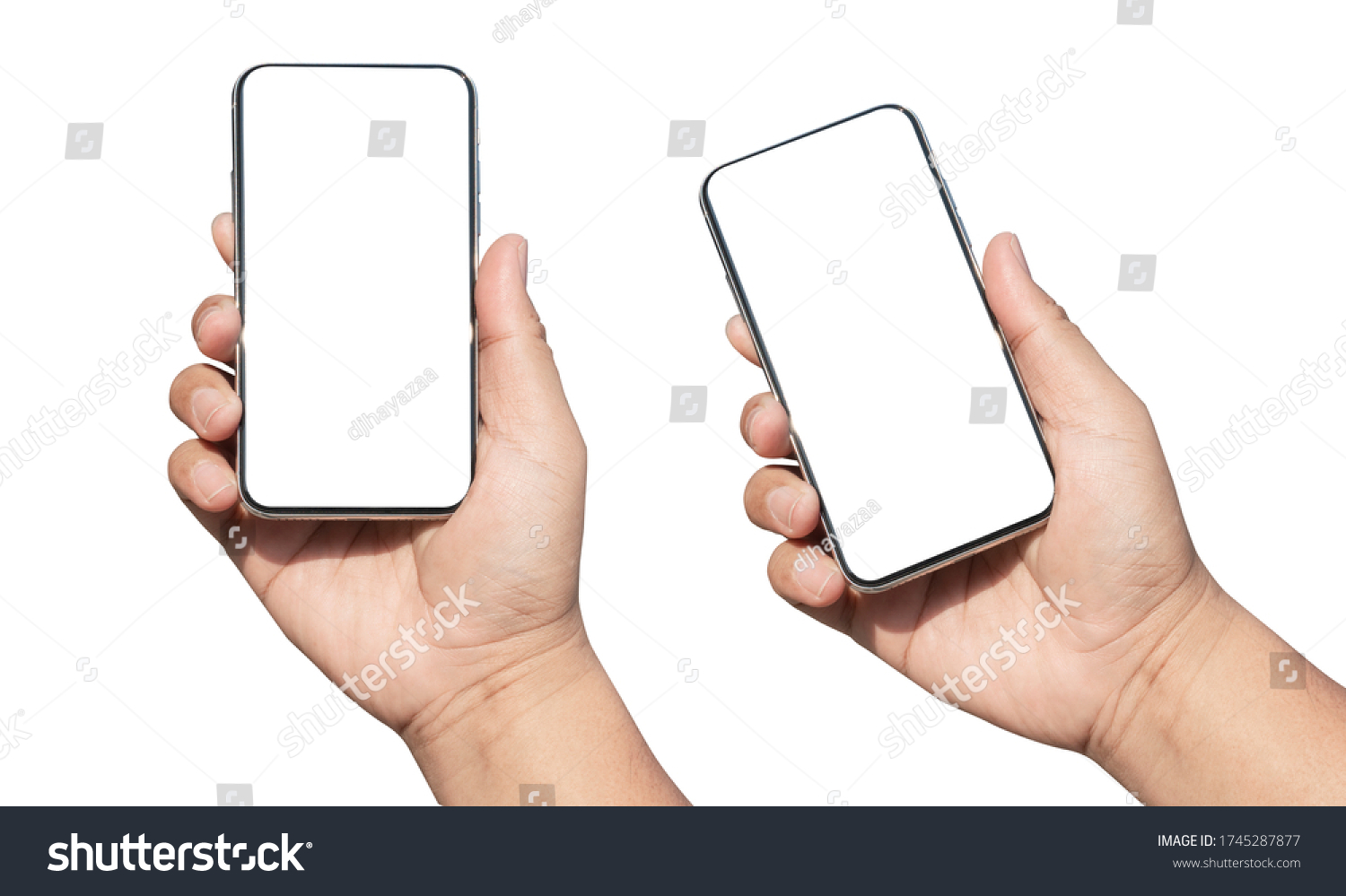 hand holding smartphone device and blank touching screen.isolated with clipping path on white background #1745287877