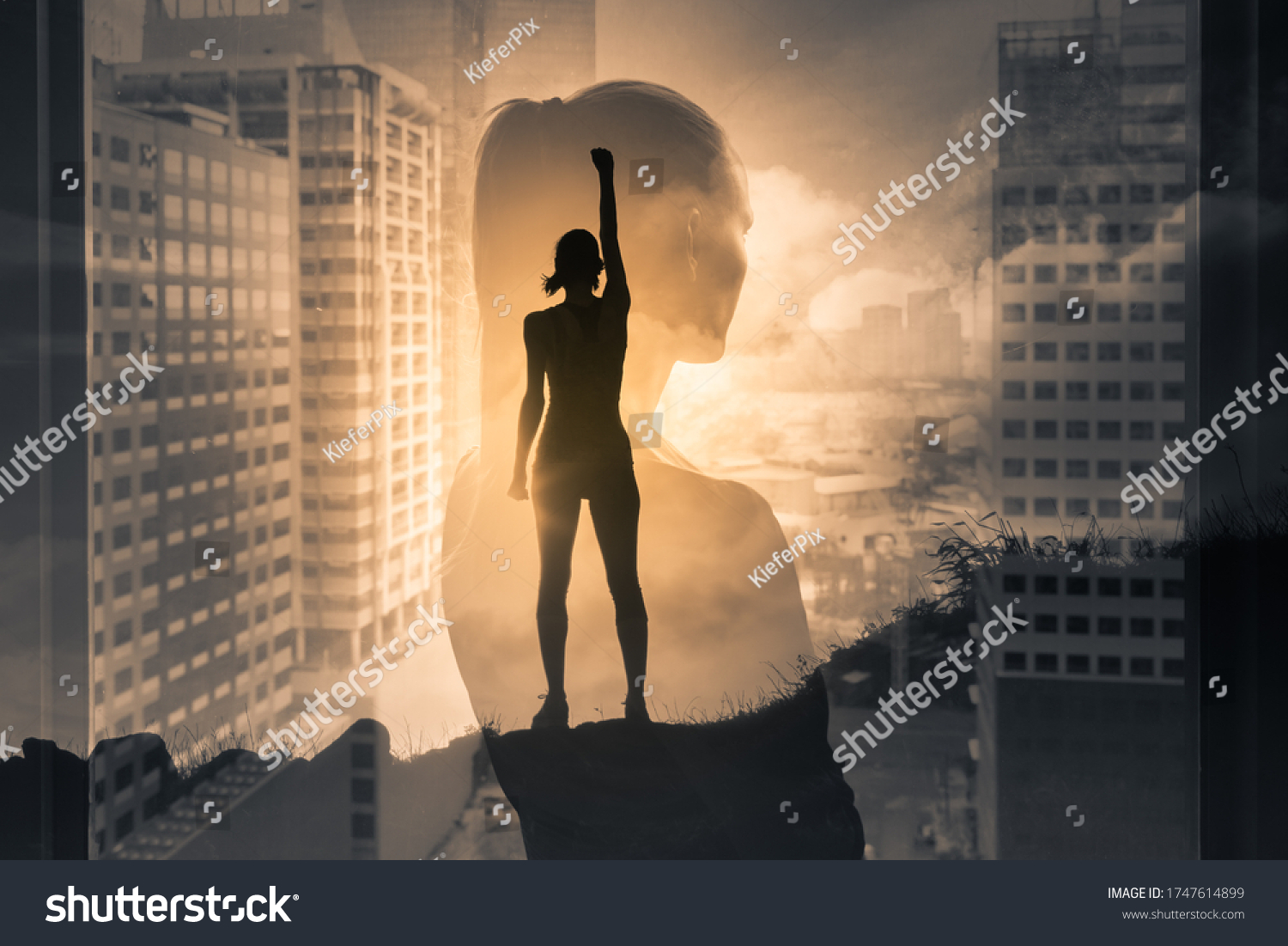Silhouette of super strong successful business woman. Mental strength, determination, and people power, positive thinking concept. double exposure.  #1747614899