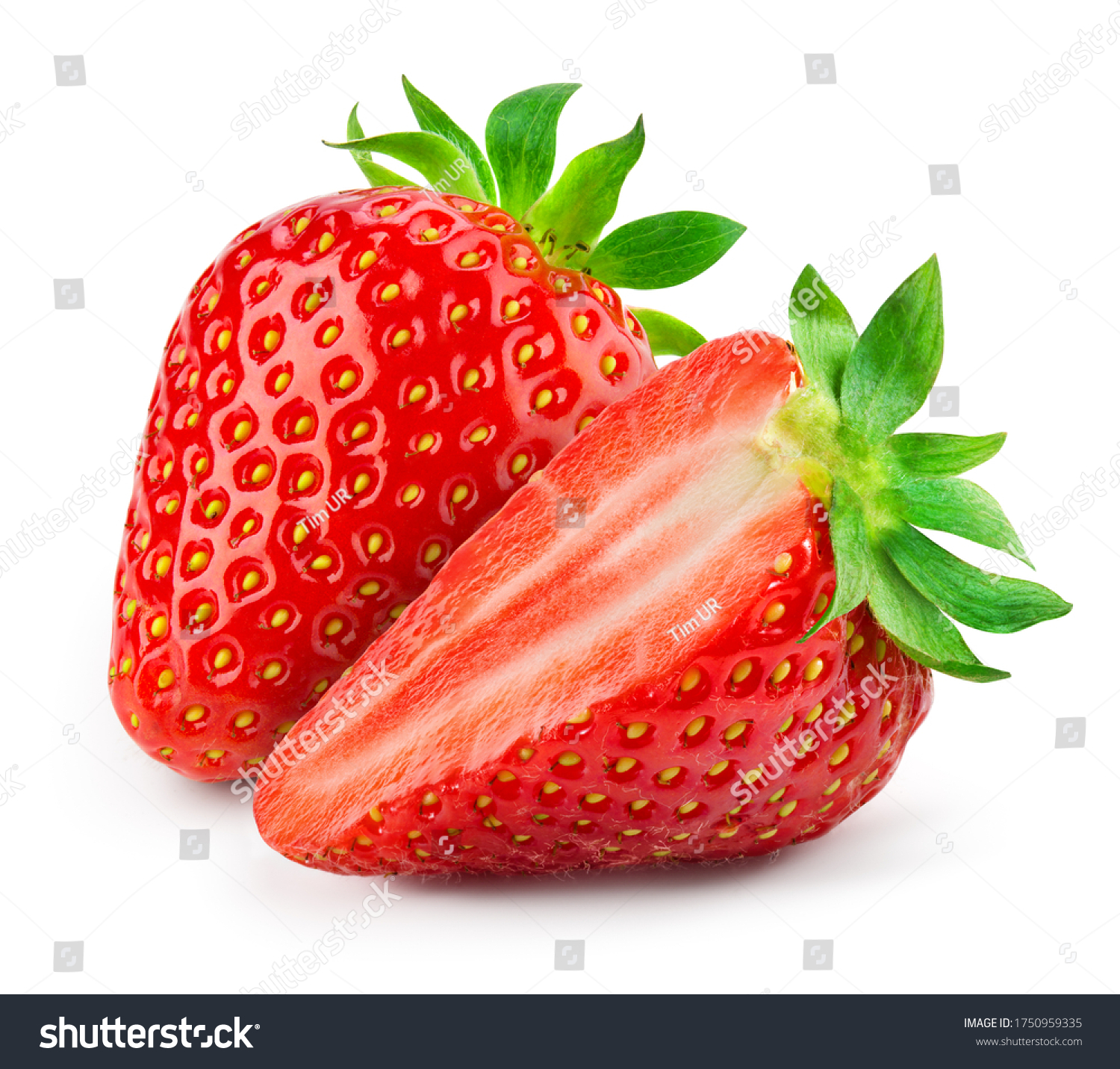 Strawberry isolated. Strawberries isolate. Whole, half, cut strawberry on white. Strawberries isolate. Side view organic strawberries. Full depth of field. With clipping path. #1750959335