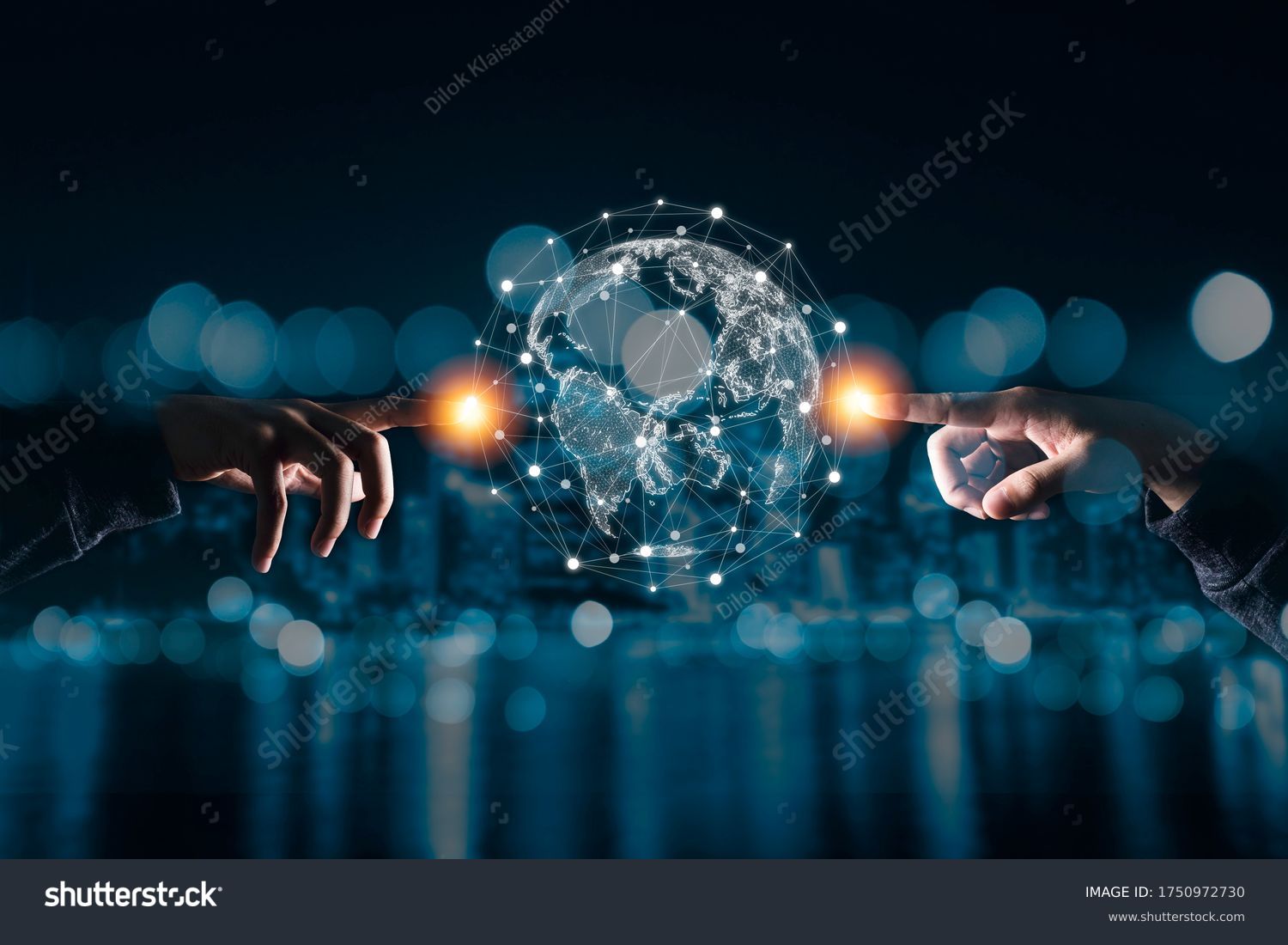Hand touching virtual world with connection network. Global data information and technology exchange. #1750972730