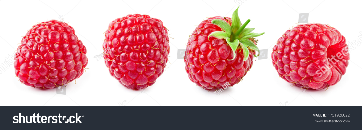 Raspberry isolated. Raspberries with leaf isolate. Raspberry with leaf isolated on white. Side view raspberries set. #1751926022