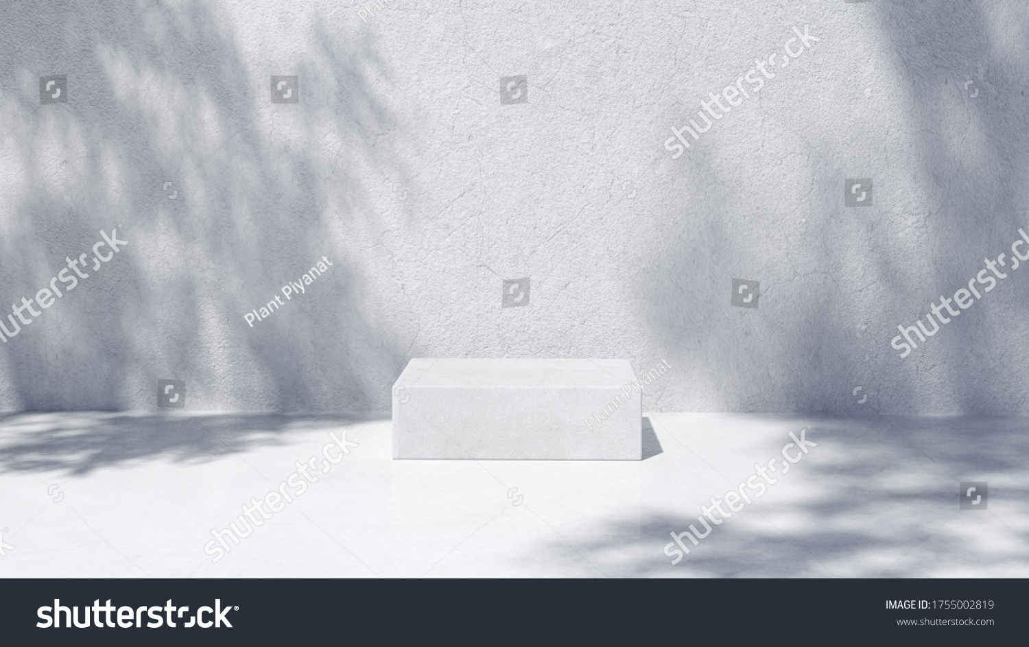Podium for packaging presentation and cosmetic, shadow on wall.  Product display with white concrete texture , stone texture, Natural beauty pedestal in sunlight. realistic rendering. 3d illustration #1755002819