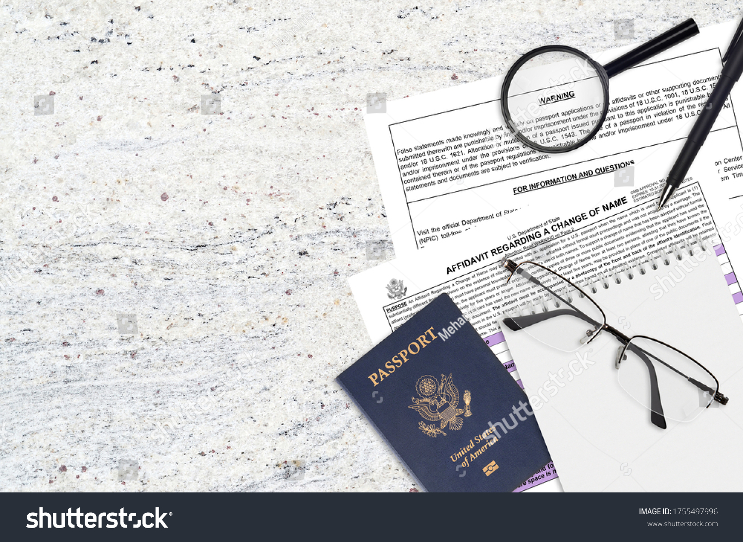 Department of State form DS60 Affidavit Regarding a change of name lies on table and ready to fill. Paperwork during operations with US Passport concept #1755497996