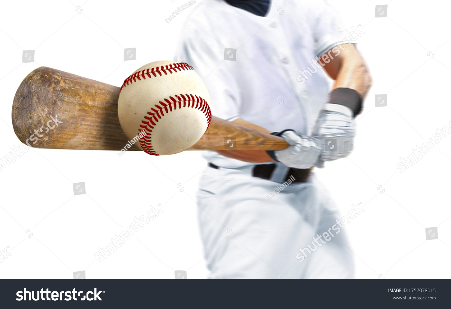 Baseball player hitting ball with bat over white background #1757078015