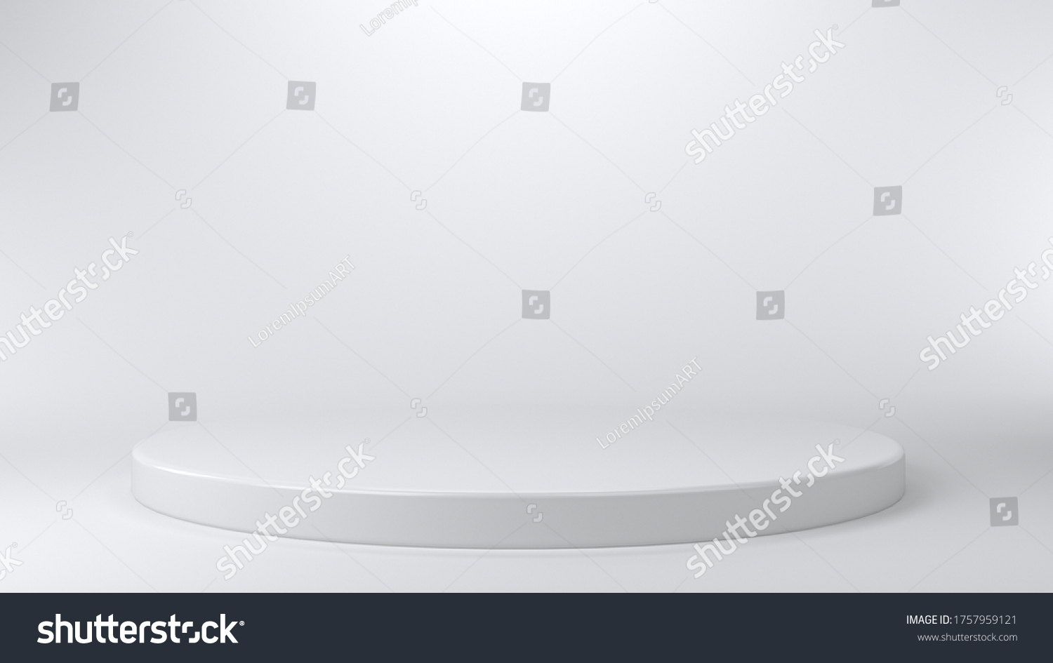 Shiny white round pedestal podium. Abstract high quality 3d concept illuminated pedestal by spotlights on white background. Futuristic background can be add on banners flyers ro web. 3d render. #1757959121
