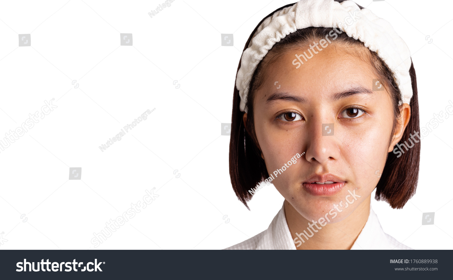Beautiful asian woman gets freckles, and dull skin on her face. Pretty young woman get problems of facial skin. She looks unhappy. isolated on white, copy space. Asia lady get bare face no makeup   #1760889938