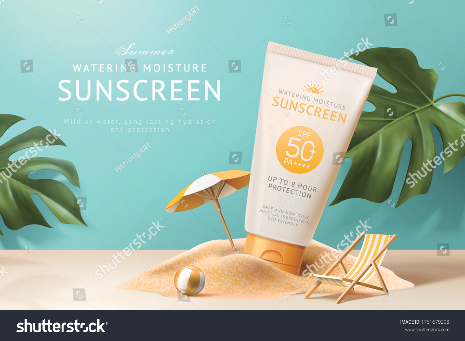 Ad template for summer products, sunscreen tube mock-up displayed on sand pile with monstera leaves, 3d illustration #1761679208