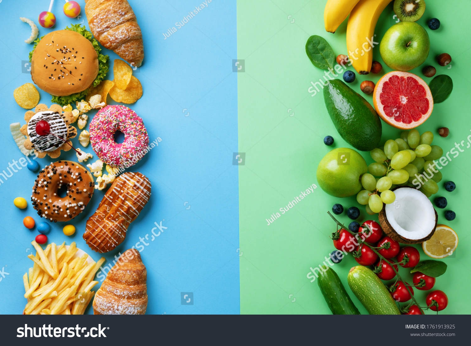 Healthy and unhealthy food background from fruits and vegetables vs fast food, sweets and pastry top view. Diet and detox against calorie and overweight lifestyle concept. #1761913925
