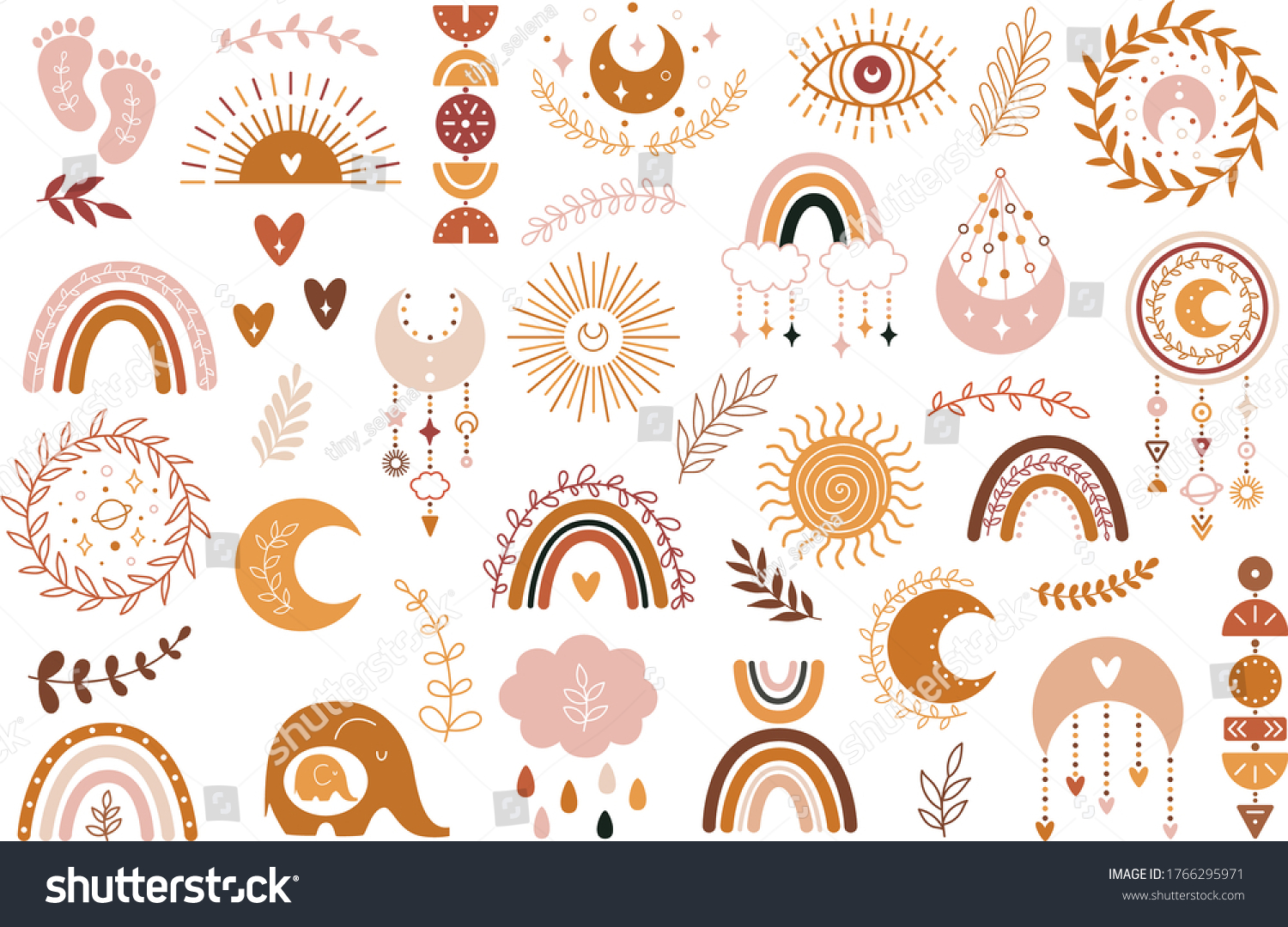 Vector hand drawn boho clipart for nursery decoration with cute rainbows and moon, sun, cloud, dream catcher. Doodle modern illustration. Perfect for baby shower, birthday, children's party #1766295971