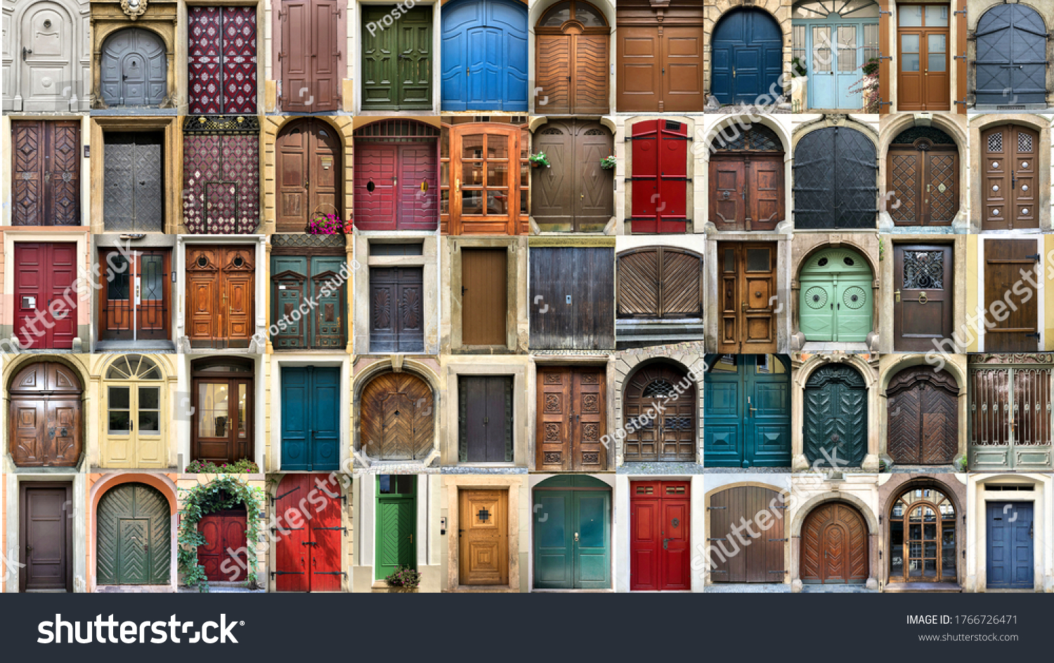 Creative collage with multitude of colorful ancient front house doors, panorama #1766726471