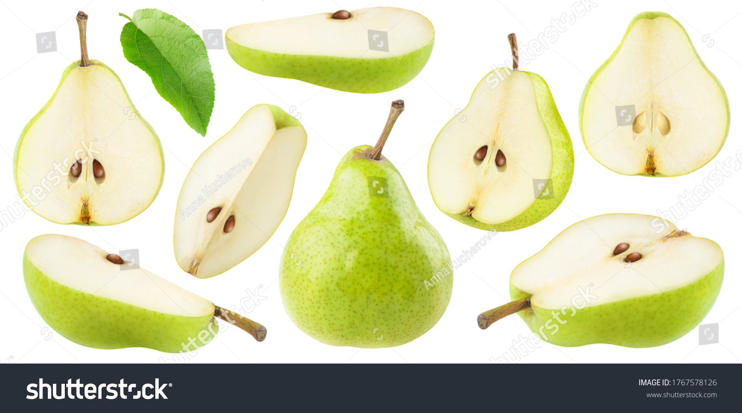 Isolated cut green pear fruits. Collection of green pear pieces of different shapes isolated on white background #1767578126
