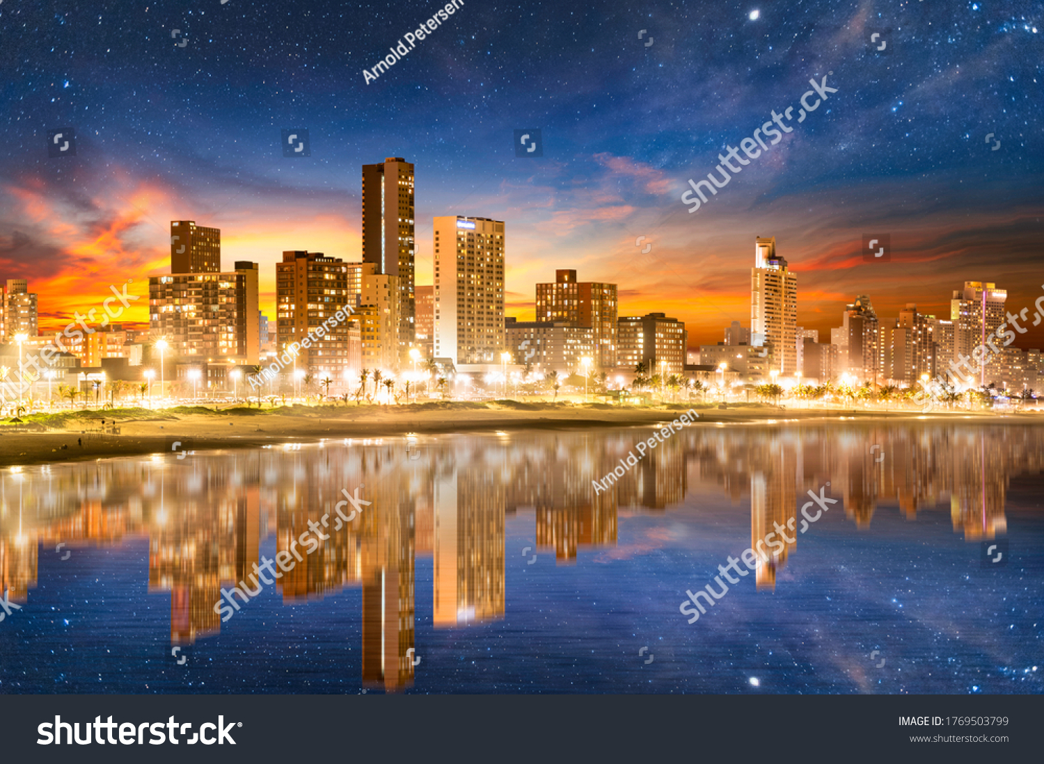 Durban city beachfront buildings illuminated at night in KwaZulu Natal South Africa #1769503799