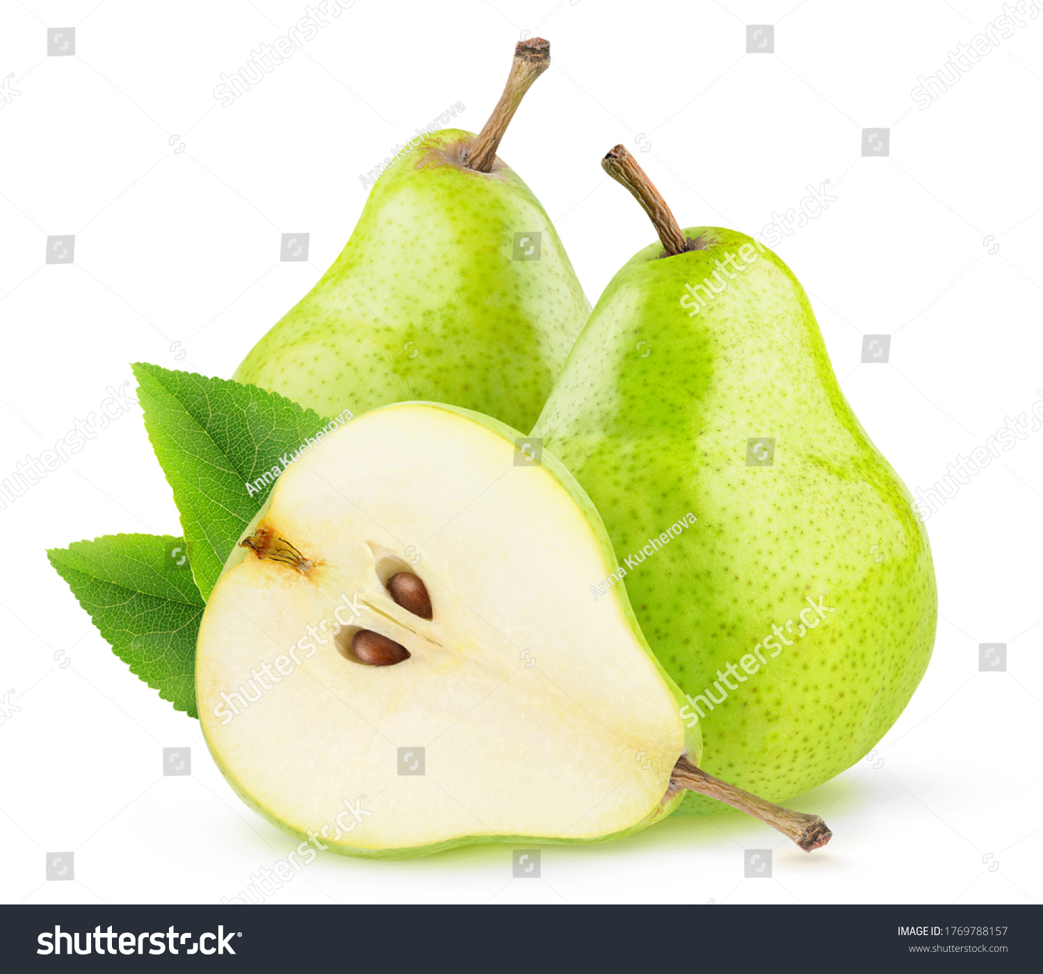 Isolated green pear fruits. Two green pears and a half with seeds isolated on white background #1769788157