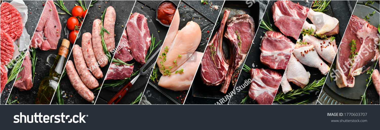 Food collage. Set of different meat, veal, pork and chicken on a black background. Top view. #1770603707