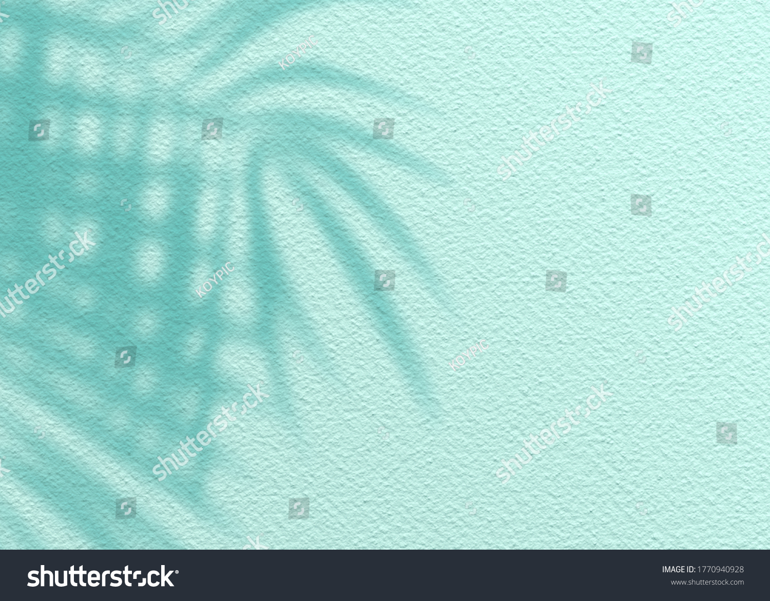 Mint Blue cement texture wall leaf plant shadow background.Summer tropical travel beach with minimal concept. Flat lay pastel color palm nature. #1770940928