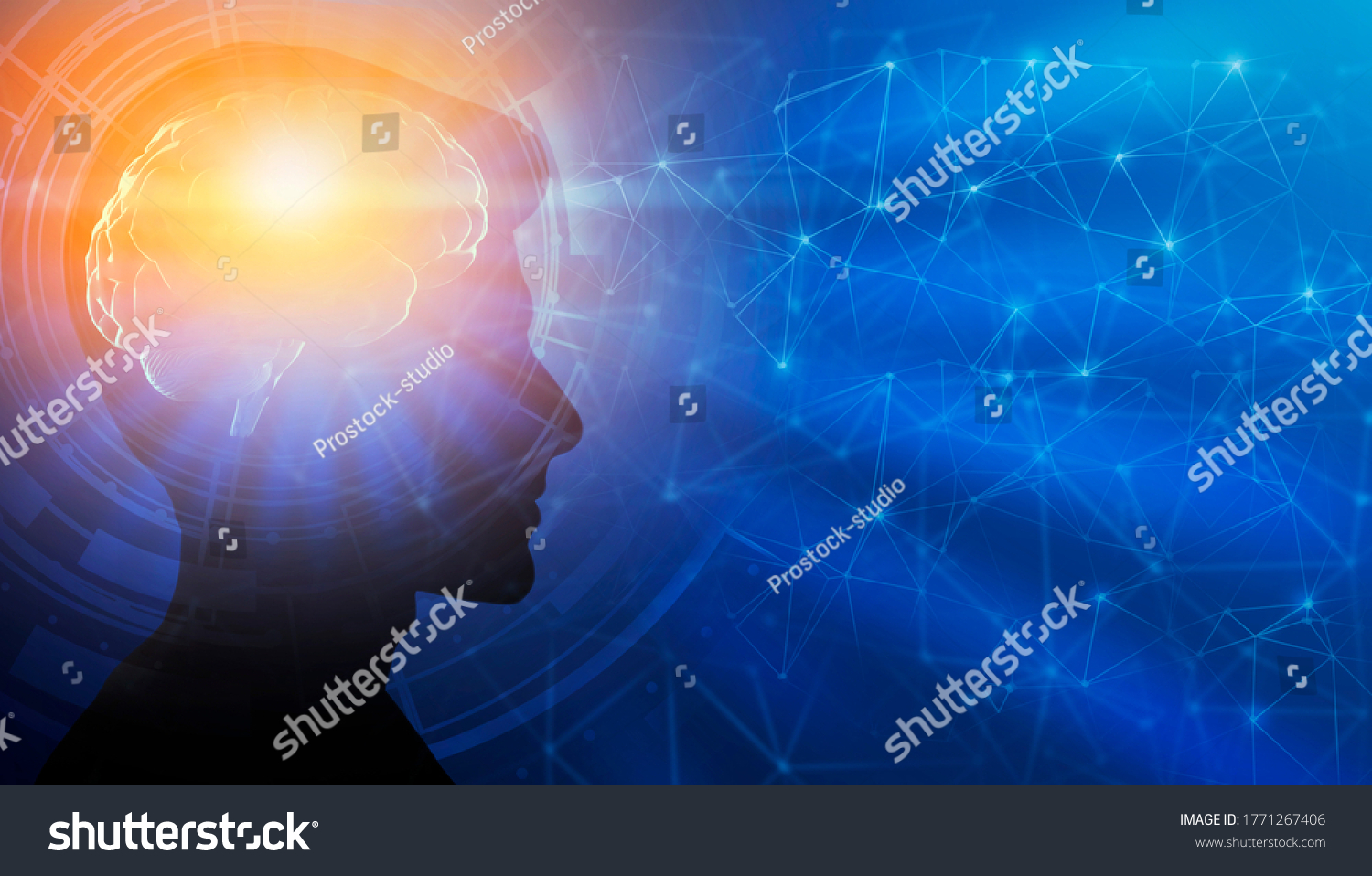Genius Mindset. Profile Male Portrait With Illuminated Brain Having Enlightment Eureka Moment Over Blue Background. Panorama, Collage, Free Space #1771267406