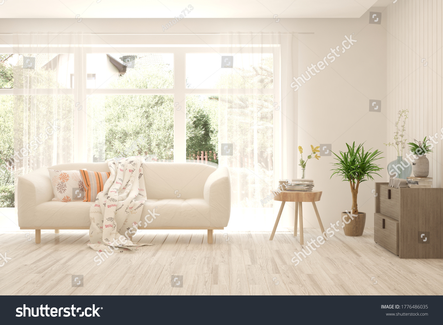White living room with sofa and summer landscape in window. Scandinavian interior design. 3D illustration #1776486035