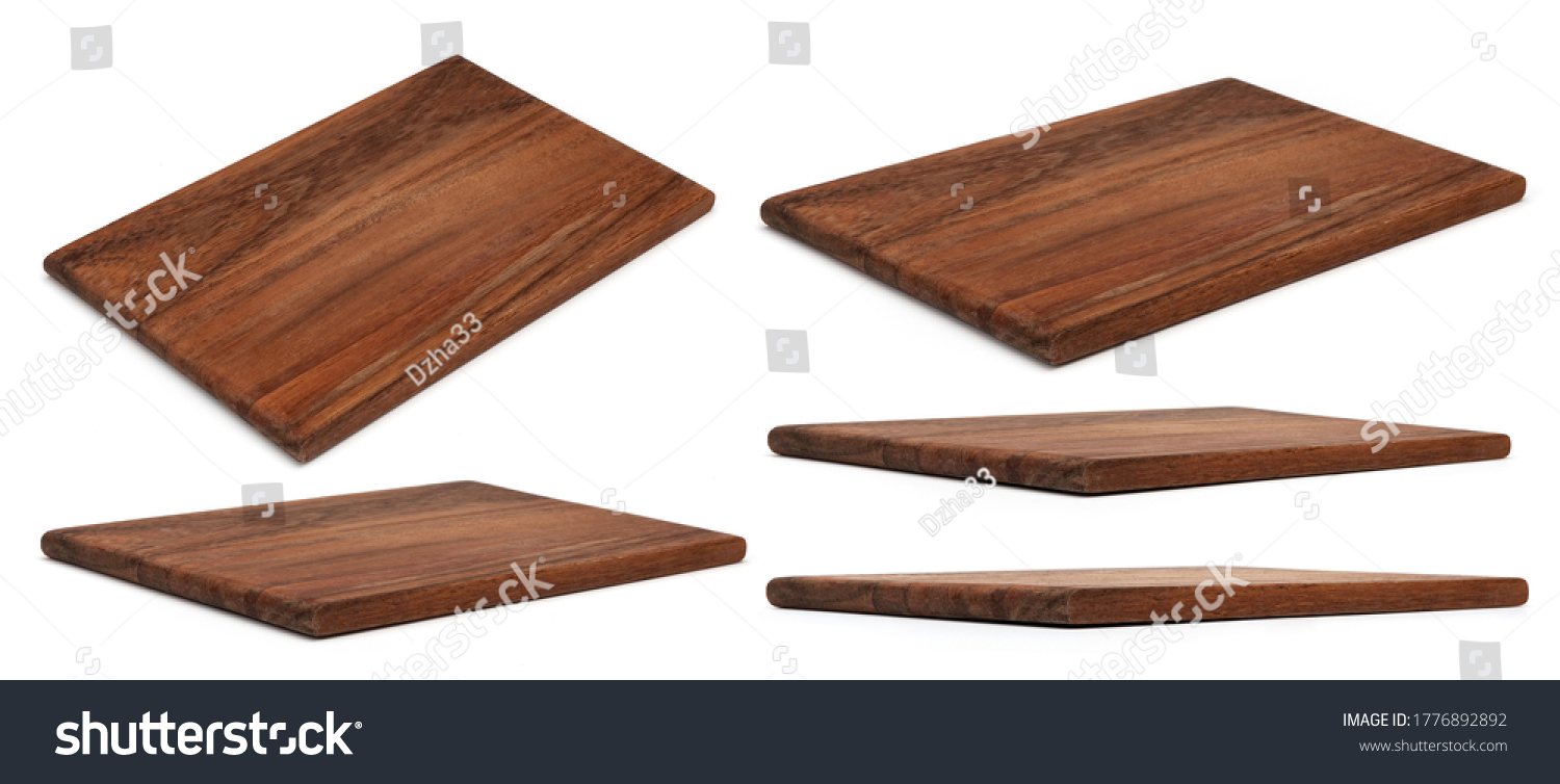 Wooden chopping Board isolated on white. Set of Cutting Boards in different angles shots in collage for your design. Wood kitchen board rectangle form. #1776892892