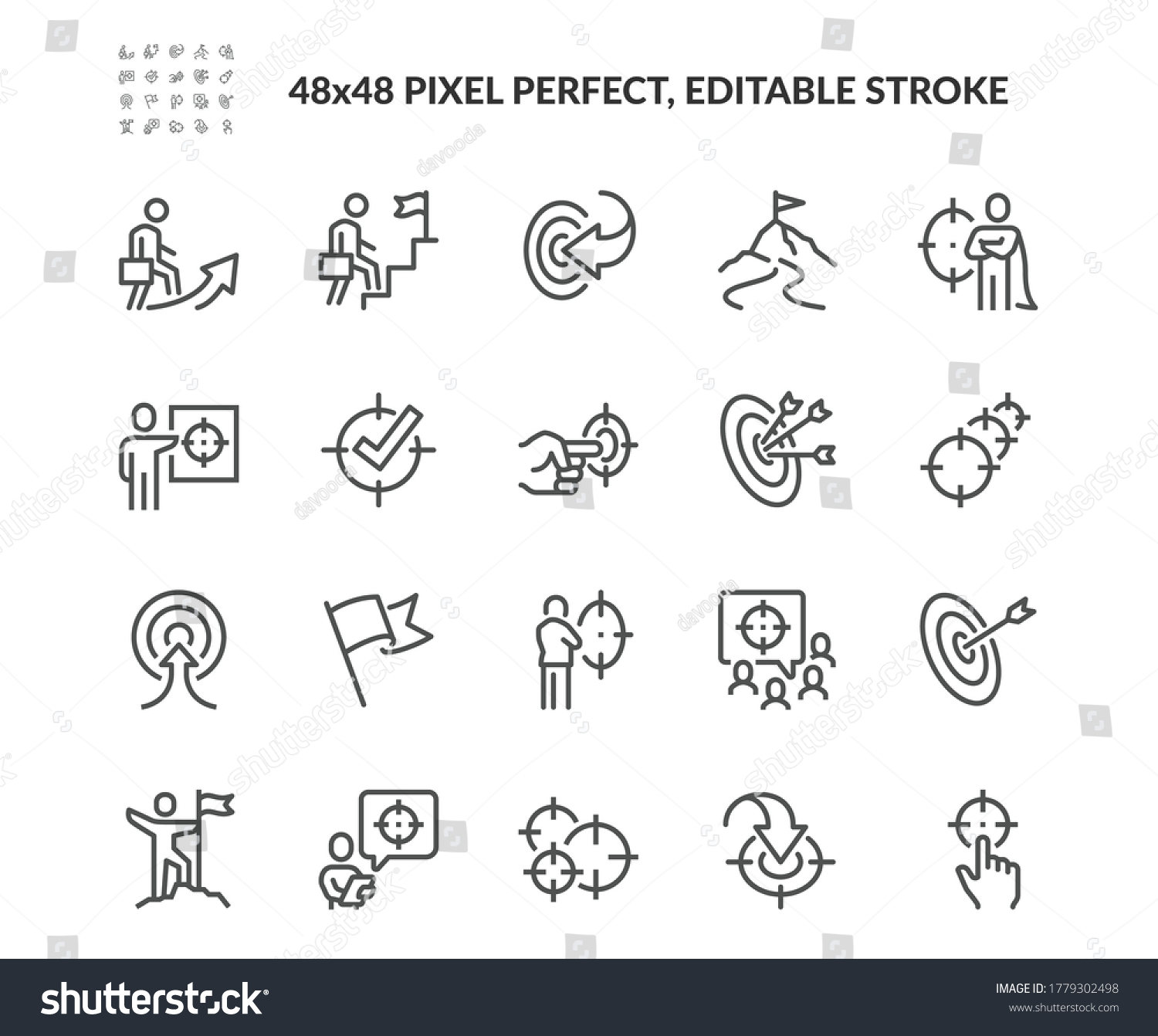 Simple Set of Target and Goal Related Vector Line Icons. Contains such Icons as Achievement, Business goal, Mission Path and more. Editable Stroke. 48x48 Pixel Perfect. #1779302498
