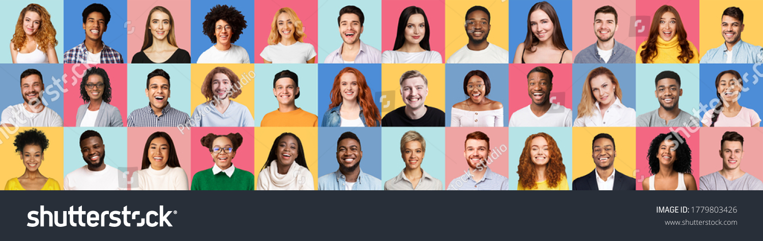Collage Of Cheerful Mixed Millennials Portraits, Different Real People Smiling Posing On Colorful Backgrounds. Panorama #1779803426