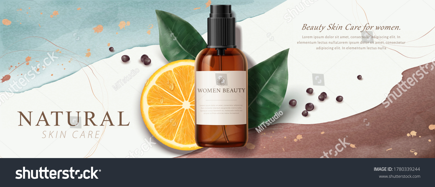 Ad banner for natural beauty products, skincare mock-ups decorated with watercolor strokes, gold foil texture, and sliced lemon, 3d illustration #1780339244