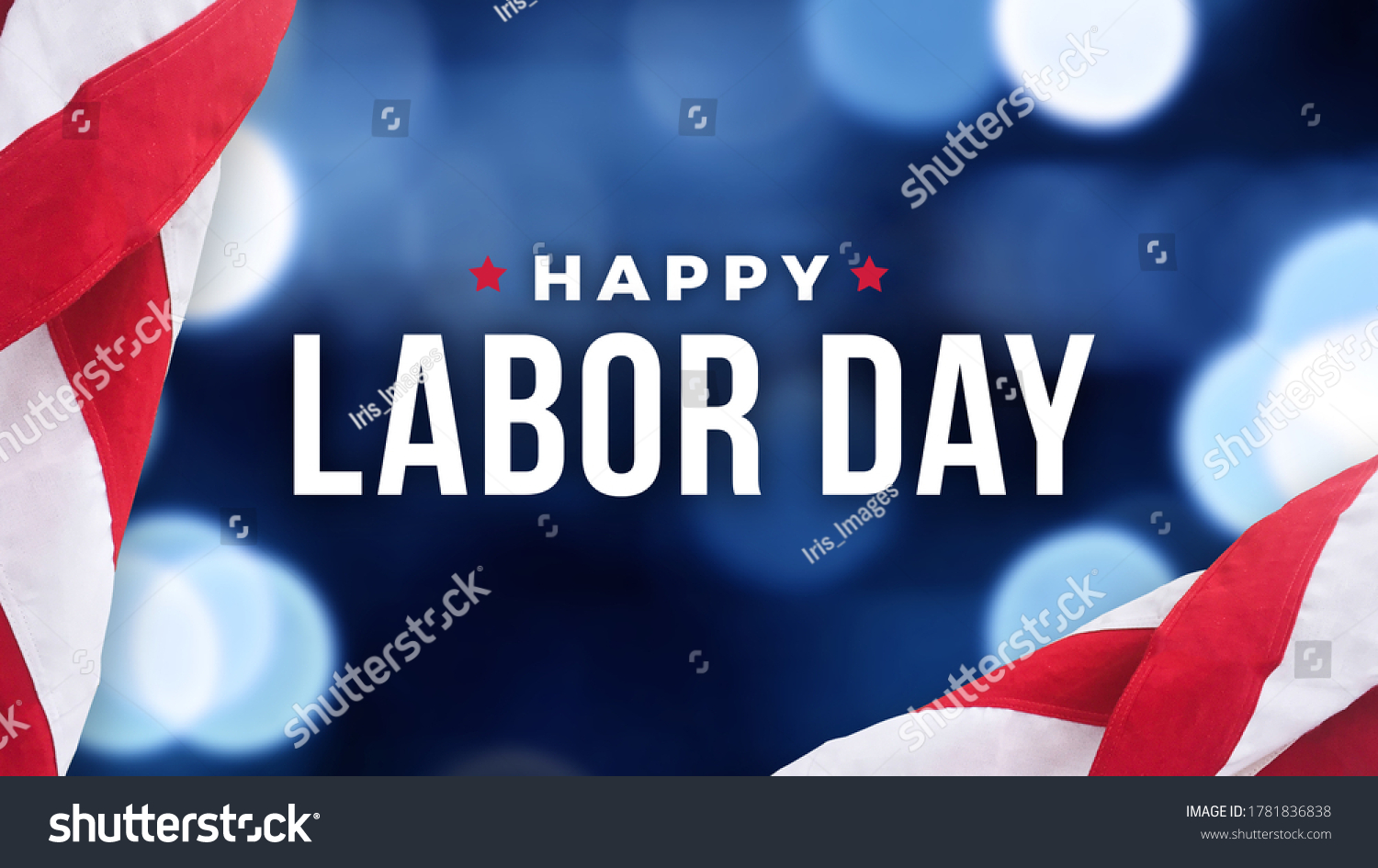 Happy Labor Day Text Over Defocused Blue Bokeh Lights Background with Patriotic American Flags Border #1781836838