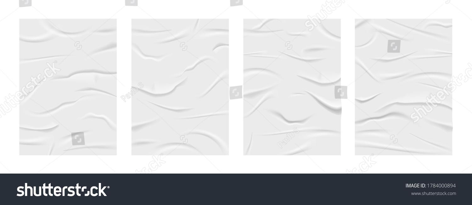 Crumpled poster, glued realistic paper wrinkled effect. Badly wet glued paper with crumpled and greased wrinkles texture, isolated blank templates set, badly glued white paper - vector #1784000894