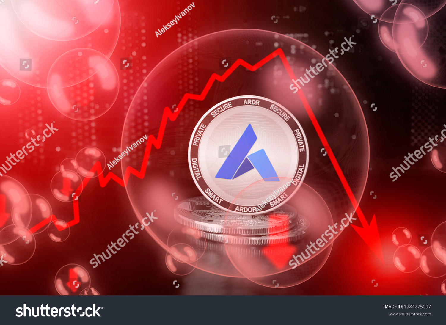 Ardor ARDR coin in a soap bubble. Risks and dangers of investing to Ardor cryptocurrency. Collapse of the exchange rate. Unstable concept. Down drop crash bubble #1784275097