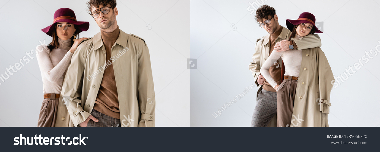 collage of young couple posing in fashionable autumn clothes on grey, horizontal image #1785066320
