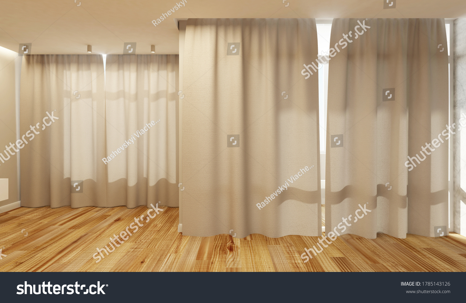 Empty Living Room Interior in Light Tones with closed Curtains. 3D Rendering #1785143126