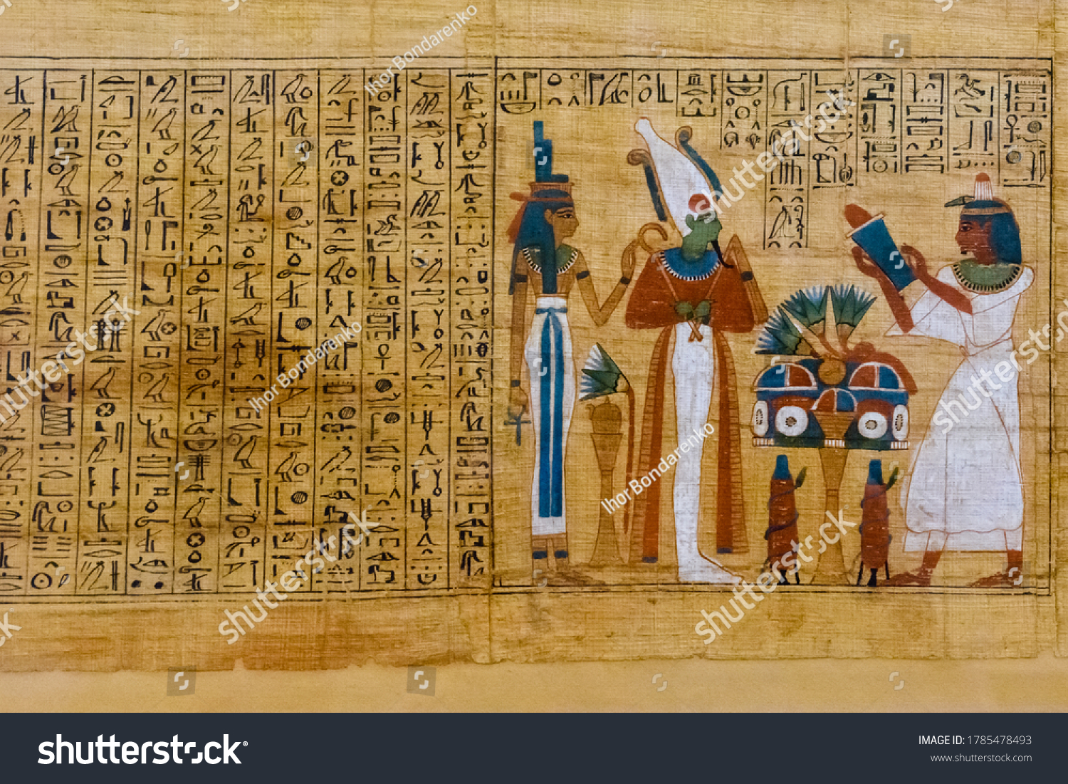 Egyptian ancient papyrus with different pictures and hieroglyphics #1785478493