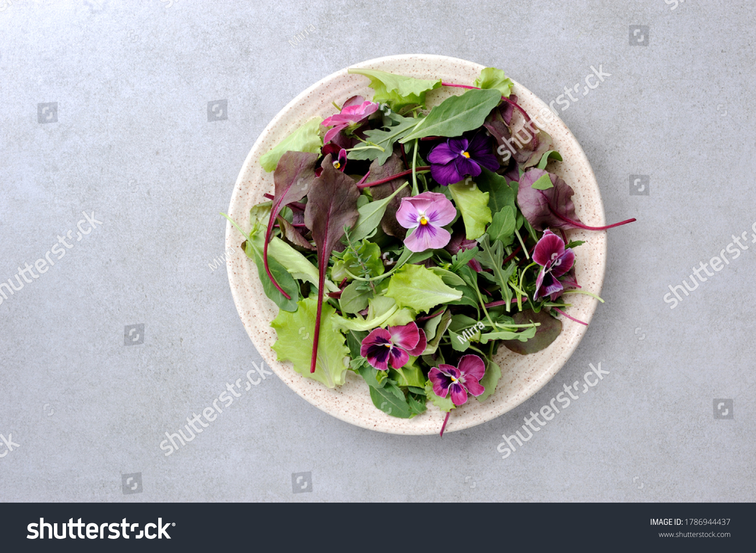Creative arrangement with colorful    eatable  flowers and green leaves  salad over gray stone background. Flat lay. Minimal summer food concept. #1786944437