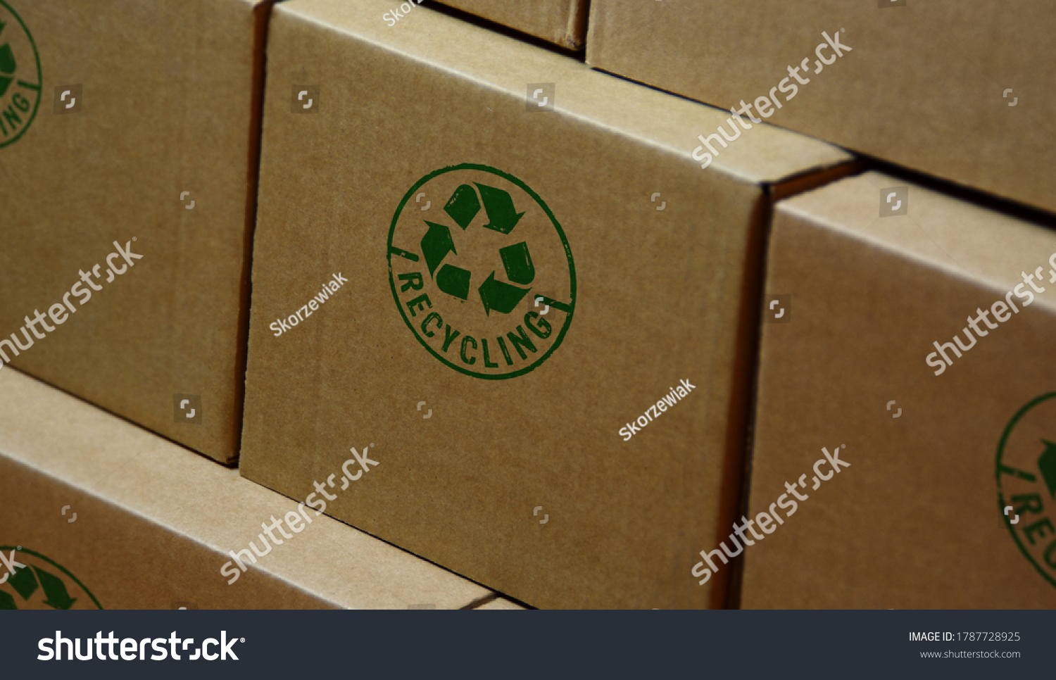 Recycling stamp printed on cardboard box. Recycle symbol, arrows, recyclable materials, environmental protection and earth safe concept. #1787728925