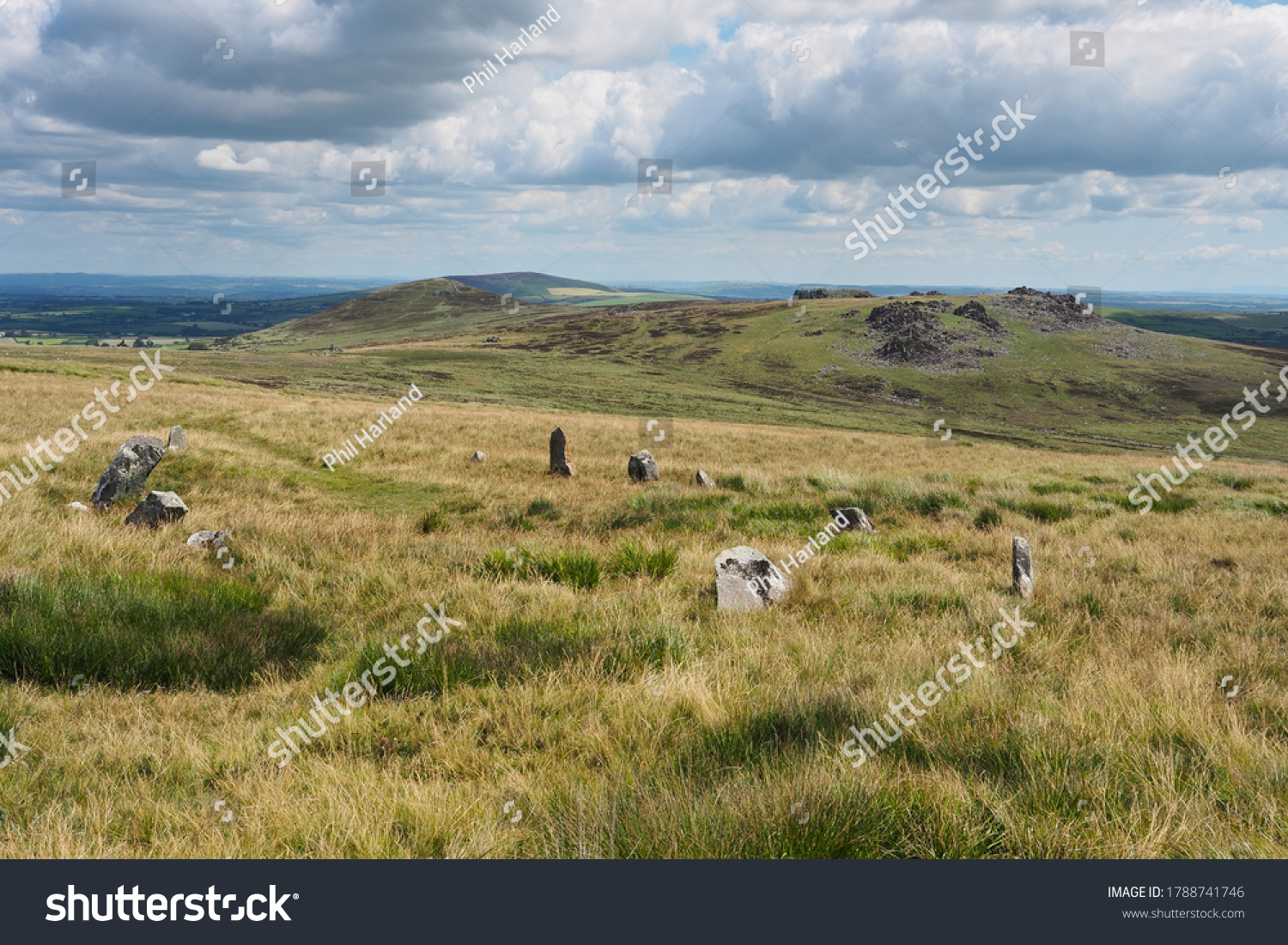Stone circle of Bed Arthur, the grave of Arthur, just below the summit of Carn Bica, Preseli Hills, Pembrokeshire Coast National Park, Wales, UK #1788741746