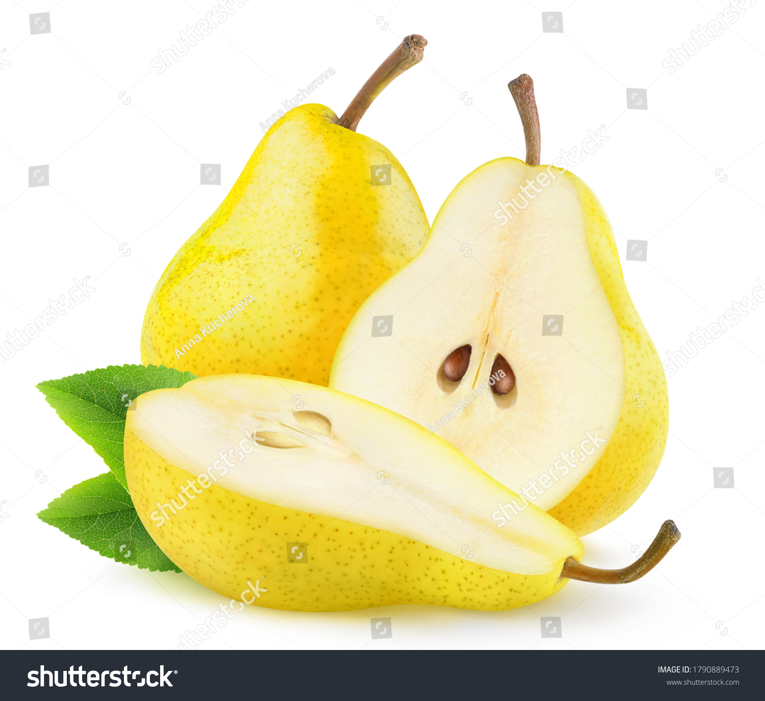 Isolated yellow pears. One whole pear fruit and one cut in half isolated on white background #1790889473