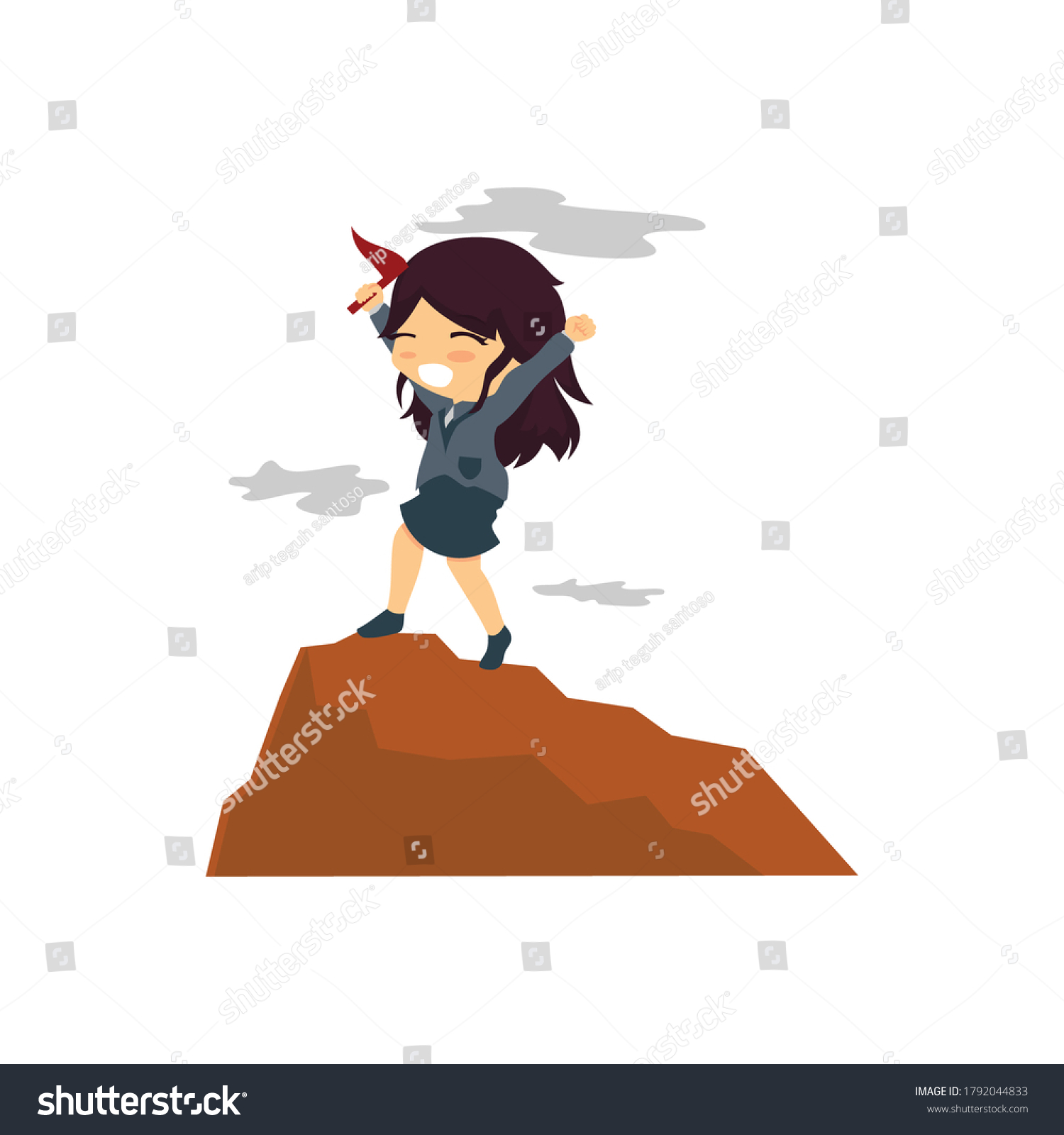 Businesswoman Hoisted Red Flag on Mountain Top #1792044833