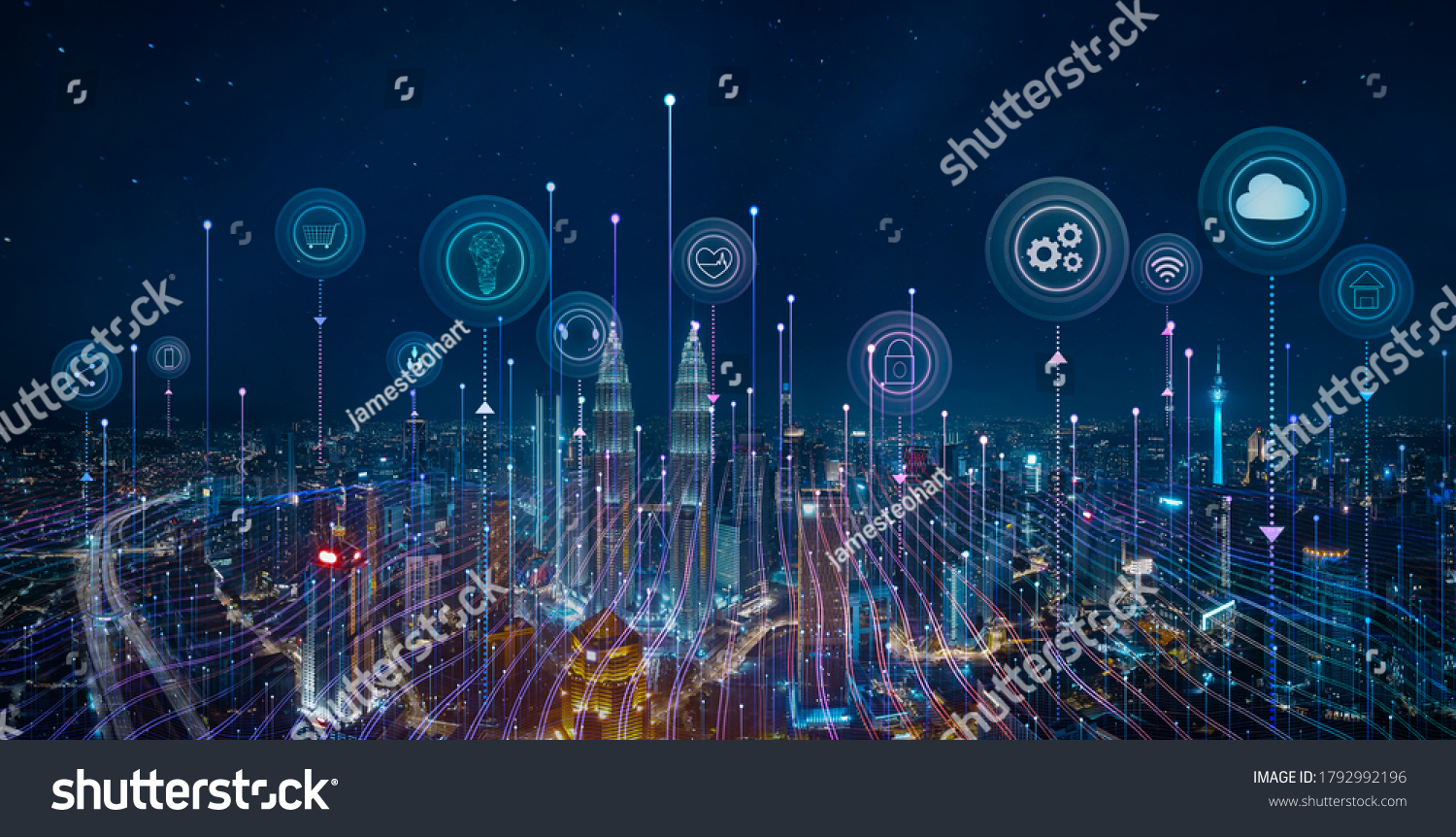 Panorama aerial view in the cityscape skyline with smart services and icons, internet of things, networks and augmented reality concept , night scene . #1792992196