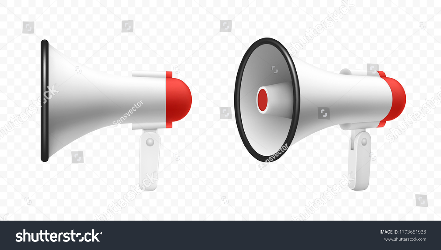Megaphone speaker or loudspeaker bullhorn, vector realistic 3d mockup. Modern isolated megaphone loudhailer with microphone, red sound horn and handle, lifeguard alert and announcement speakerphone #1793651938